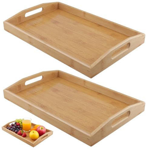 CHIHEUNG 2PCS Large Wooden Serving Trays with Handles, Large Bamboo Serving Tray, Wooden Rectangle Tray, Tea Trays for Breakfast Dinner Tea Dessert, 38 x 25 x 5cm