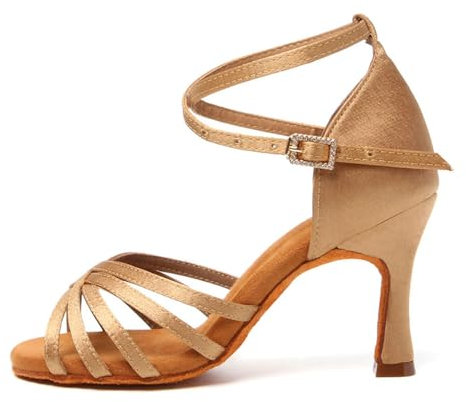 Hixingo Zapatos de Baile Latino Mujer 8.5cm Tango Zapatos de Salsa y Bachata con Tacón Cómodos Elegante Sandalias para la práctica y el Rendimiento, Fiesta Carnaval (Marrón Claro/Seda,36)