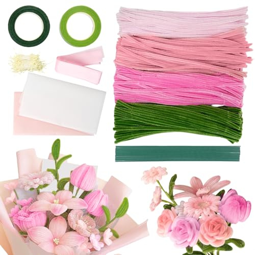 Shyllin Set de 400 Limpiapipas para Manualidades, Limpiapipas Rosa para Crear Flores, Incluye 360 Pistilos y 20 Alambres para Flores, Ideal para Proyectos Creativos DIY (Rosa)