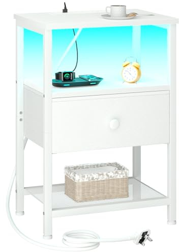 LOAKEKEL Bedside Table, Side Table with Charging Station, Bed Side Table | Night Stand with LED Light and Fabric Drawer, Bedside Cabinet with Open Storage Shelf for Living Room, Bedroom, White