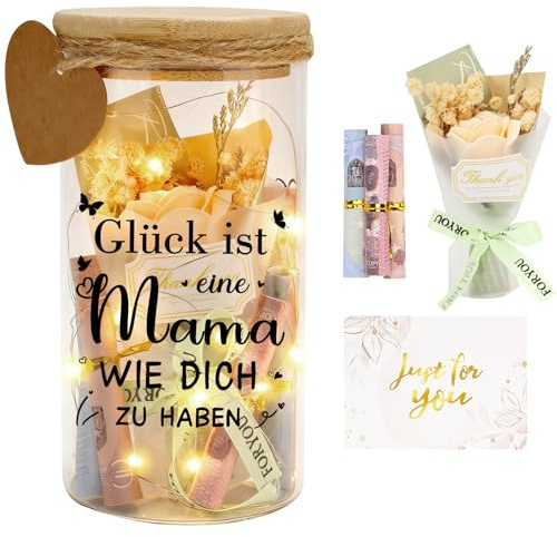 Geschenk für Mama Muttertag, Personalisiertes Geburtstagsgeschenk für Mutter, LED Flaschenlicht mit Trockenblumen LED-Leuchten und Karten, Glück ist eine Mama, WIE Dich ZU HABEN