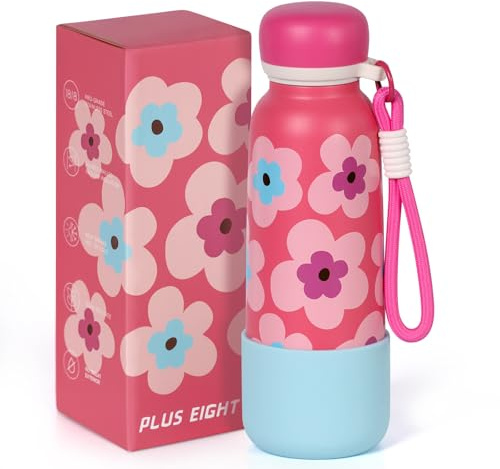 pluseight 560ml/19oz Water Bottle with Straw Lid, Stainless Steel Water Bottle with Non-slip Silicone Base for Sports, Gym or Office, BPA-Free Keep Cold 18H Hot 12H (Purple Flower)