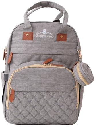 Mamourse Sac à Dos à Langer – Grande Capacité avec 13 Poches, Station de change, moustiquaires, doublure isothérme, Cable USB... Sac de Voyage Multifonction, Imperméable – Gris