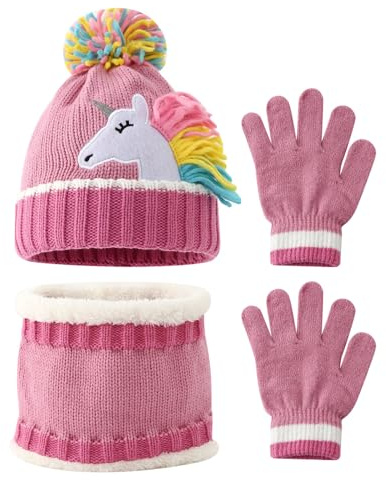 Kovake Kids' Winter Hat Scarf Gloves Set, Girls Warm Knitted Beanie Cap with Unicorn Pattern and Pompom, Winter Accessories Set for Children 3-6 Years