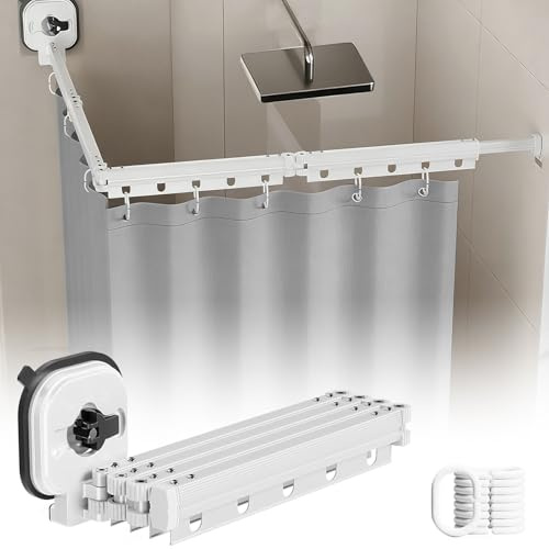 Faltbare Duschvorhangstange mit Saugnapf, Duschvorhangstange ohne Bohren, Wasserdicht Duschvorhang mit Stange, Wandmontage L/U Form Duschvorhang Stange für Ecke/Badewanne (Weiß, 4-Segment)
