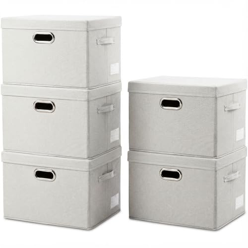 Prandom Large Storage Boxes with Lids,Foldable-43x30x30cm,Beige[5-Pack] | Stackable,With handle,Linen material,Decorative Bins,Really Useful Box,Clothing Storage,For bedroom living room wardrobe