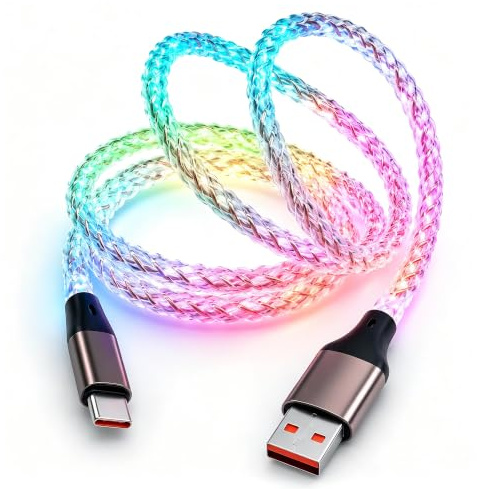 BRIMFORD Câble USB C Lumineux RGB 1M, Câble USB A vers USB C Charge Rapide avec Effet LED, Transfert de Données 480Mbps Compatible avec iPhone 17/16, Samsung Galaxy S26/S25/S24, Xiaomi Redmi Note 15