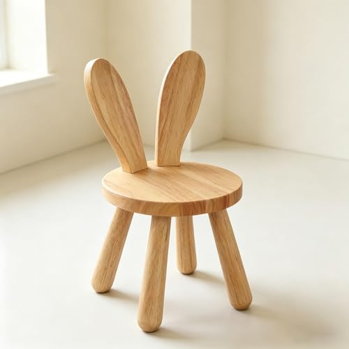 BOFITENG Kinderstuhl Holz 45 x Ø 26 cm Massiv Holzhocker kinderzimmer Kinder Stuhl Individuelle Massivholz Ständerhocker mit Form Rückenlehne und rutschfeste Gummifüße (Hasenohren)