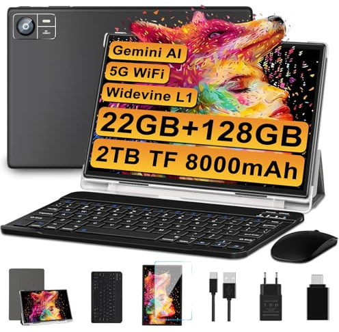 SUAAT 2026 Tablet Android Octa Core da 10 pollici con 22 GB RAOM +128 GB ROM(2 TB TF) |5G + 2.4G WiFi | FHD | GMS | Bluetooth 5.0 | 8 MP + 5 MP | Tipo C, Tablet Touch con custodia, tastiera e mouse