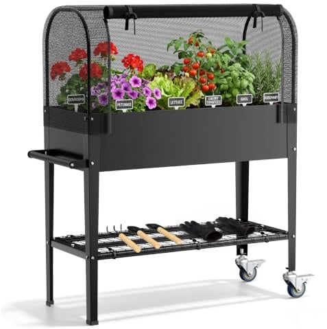 Aiuola Rialzata in Metallo con Griglia Protettiva, 111 x 57 x 79 cm | Fioriera da giardino con ruote e ripiano, inserto, fori di drenaggio e attrezzi, per erbe aromatiche, ortaggi e fiori