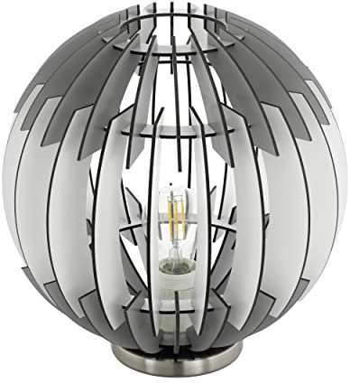 EGLO Tischlampe Cossano, 1 flammige Tischleuchte Vintage | Nachttischlampe aus Stahl und Holz, Wohnzimmerlampe in Nickel-Matt, Holz in grau und weiß, Lampe mit Schalter, E27 Fassung