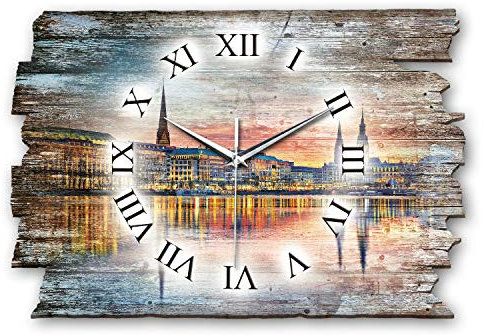 Kreative Feder Designer Wanduhr Hamburg Skyline aus Holz Größe 40x27cm - Wanduhr im Landhaus-Stil Shabby-Style Made in Germany leise ohne Ticken (Hamburg Skyline, leises Funkuhrwerk)