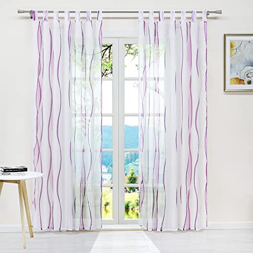 ESLIR Gardinen mit Schlaufen Vorhänge Gardinenschals Transparent Schlaufenschal Wellen Muster Voile Violett BxH 140x175cm 1 Stück