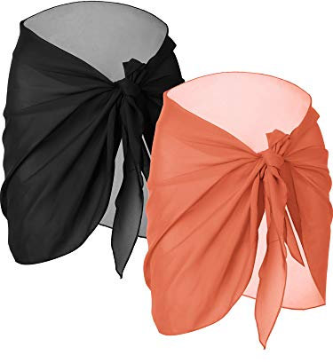 Chuangdi Sarong-Überzug für Damen, Badeanzug, Wickel-Badeanzug, Rock, Strand-Bikini, Bademode, Chiffon, Größe S-L, 2 Stück, schwarz/orange, S