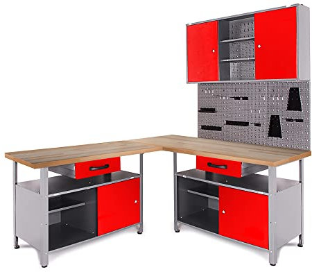Ondis24 Werkstatt Set Ecklösung Classic One, Werkbank, 120 + 60 cm Buchenholzarbeitsplatte, Werkzeugschrank, Werkzeugwand Lochwand, Haken Set, Metall (Arbeitshöhe 85 cm, rot)