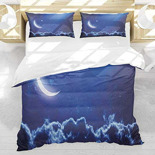 BEDNRY Juego de Ropa de Cama,Noche Luna Creciente en Cielo Azul Oscuro con Estrellas Vibrantes Vista Celestial Imagen de Medianoche,1 Funda Nórdica 220x240cm y 2 Funda de Almohada