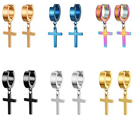 Jewelrywe 6 Paar Kreuz Ohrringe Edelstahl Huggie Creolen mit Kreuz Anhänger Unisex Religion bunte Hängende Ohrringe Geschenk für Herren Damen