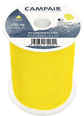 CampAir Cuerda Multiusos Paracord Tipo II de 3 mm en Nylon - 100 m Longitud - Ideal para Acampar, excursiones, Trekking, navegación (Color Amarillo)