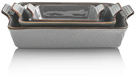 KOOV Bakeware Set, Ceramic Baking Dish Set, Rectangular Casserole Dish Set, Lasagna Pans for Cooking, Cake Dinner, Kitchen, 9 x 13 Inches, Texture Series 3-Piece (3 Piece, Dark Blue)