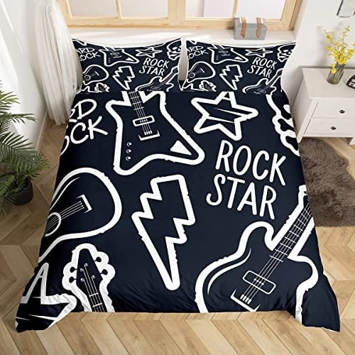 Black to Blue Rock Star Style Comforter Cover Set for Kids Girls Teens White Guitar Pattern Duvet Cover Microfiber Quilt Cover Decor 3Pcs Bedding with 2 Pillowcase Double (No Comforter)
