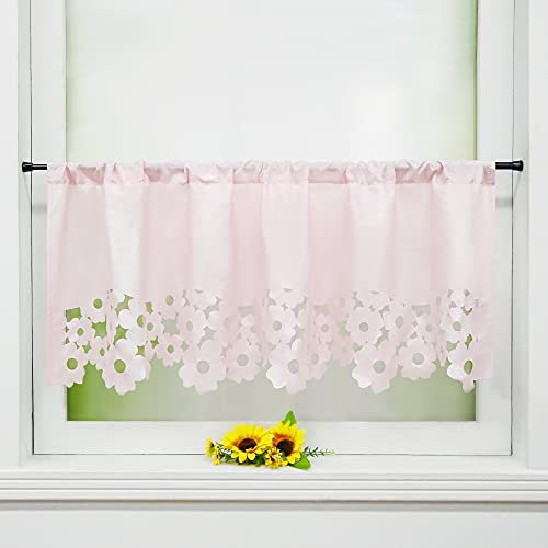 Joyswahl Christa Rideaux Brise Bise Fleurs Découpée Court Rideau Passe Tringle Semi-Transparent Cuisine Bureau Chambre 1 Pièce Rose HxL 45x120cm