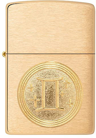 Zippo Sturmfeuerzeug - Modell Gemini Emblem Sternzeichen - Brushed Brass Finish - Nachfüllbar - Wiederverwendbar - Windfestes Design - Geschenkbox - Made in USA