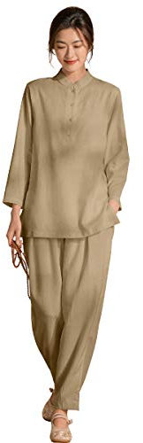 KSUA Uniformes d'arts martiaux de Kung Fu pour femme Tai Chi Vêtements chinois traditionnel zen méditation costume exercices du matin Tenue, marron, XL