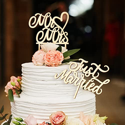 Queekay 2 Stück Holz Cake Topper Hochzeit Hochzeitstorte Deko für Mr Mrs Tortenstecker Buchstaben Kuchendeko Kuchen Torten Deko für Jahrestag Party Dekoration (Married Stil)