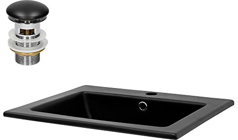 ML-Design Waschbecken aus Keramik in Schwarz matt 52,5x21x45 cm mit Ablaufgarnitur, Eckige Einbauwaschbecken mit Hahnloch und Überlauf, Aufsatzwaschbecken Einbauwaschtisch Waschschale Handwaschbecken