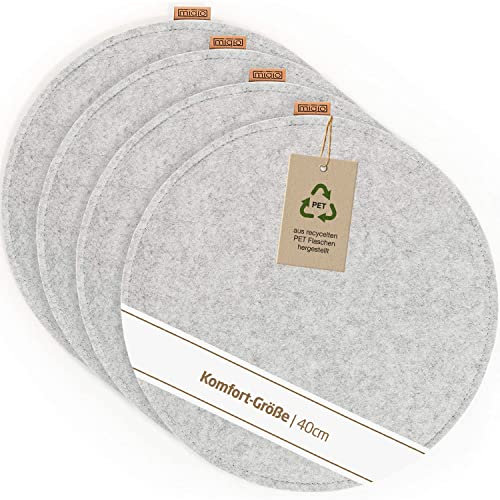 Miqio Design Filz Sitzkissen XL Rund mit Antirutschnoppen | 40cm | 4er-Set | Indoor und Outdoor | Nachhaltig aus recycelten PET Flaschen | Waschbare Stuhlkissen rutschfest | Hellgrau