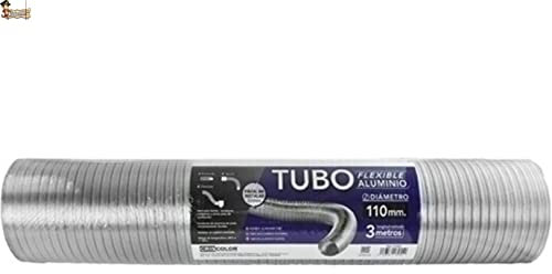 BricoLoco.com Tube flexible extensible en aluminium compact. Sortie et extraction de fumées dans l'extracteur, hotte, cuisinière, cheminée, chaudière (110 mm x 3,0 mts.)