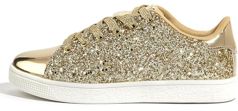 LUCKY STEP Glitter Shoes Sparkly Bling Shiny Bedazzled Lace up Fashion Sneakers for Women (All Gold,9 B(M) US)