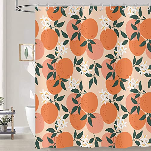 Hnmdmyi Duschvorhang Pfirsich 180x180, Niedlich Orange Rosa Früchte Grün Blätter Blumen Badewanne Vorhang Aquarell Kunst Malerei Ästhetisch Wasserdicht Polyester Stoff Waschbar Badevorhang mit Haken