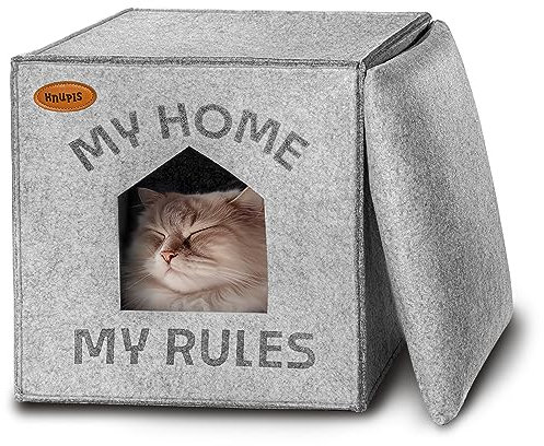 Knupis Lit Niche pour Chat d’Intérieur - Compatible Étagères Kallax - en Feutre Écologique - avec Coussin Amovible - Pliable - Idéal pour Chats et Petits Chiens - Gris Clair