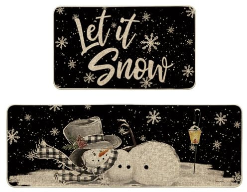 Artoid Mode Let It Snow Schneemann Weihnachten Küchenteppich 2er Set, Waschbar Dekoration Küchenmatten für Innen Außen Dekor - 43x73 and 43x118 cm