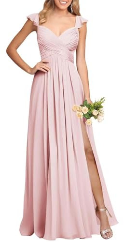 YIAX68 - Abito da damigella d'onore, con scollo a V, da sera, per donne e ragazzi, con tasche, Rosa cipria, 42