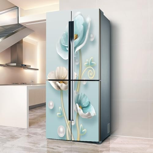 Targawerelax Fridge wraps kitchen fridge stickers cover full doors, fridge sticker full covering door fridge covers skins wall stickers for kitchen decal, Ice blue white flower
