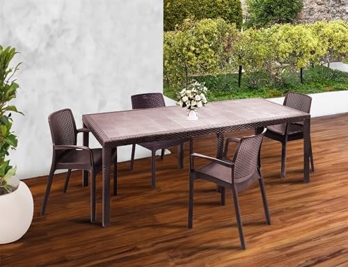 Dmora - Loungeset für draußen Manarola, ausziehbares Outdoor-Tisch mit 4 Stühlen, Gartentisch und Sitzen in Rattan-Optik, 100% Made in Italy, Braun