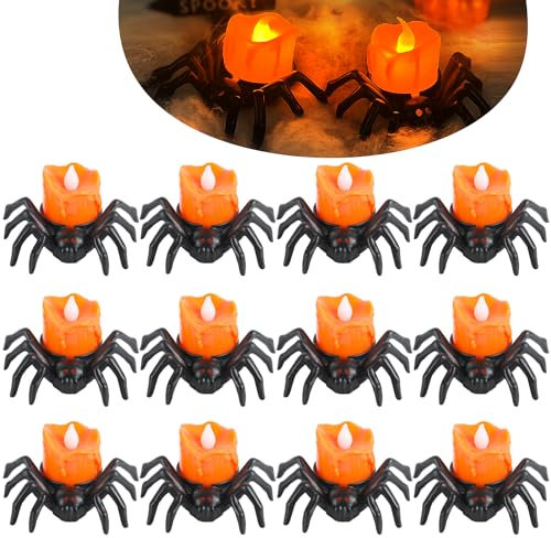 JOFONY 12 Stück Halloween Spinne Kerzenlicht,Led Flammenlose Spinne Kerzen,LED Kerzen,LED Elektrische Teelichter,Spinne Nachtlicht für Indoor Outdoor Garten Party Halloween Deko Requisiten