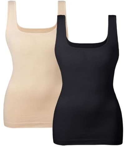 EUYZOU Women's 2PK Tummy Control Shapewear Tank Tops Seamless Square Neck Compression Tops Slimming Body Shaper Camisole - Black/Nude L