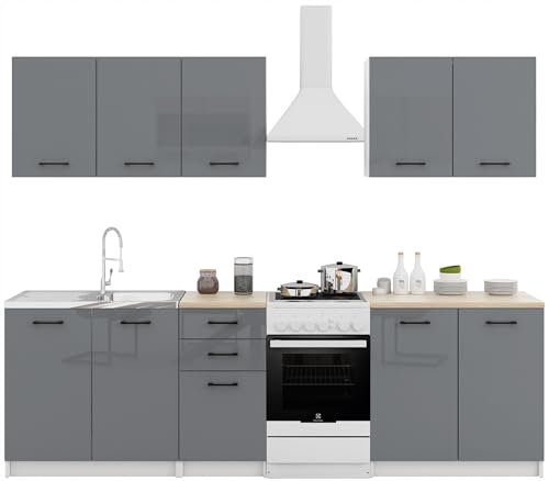 Laclar Küchenmöbel-Set 200 cm- Hochglanz-Graue Fronten - Schränke mit Arbeitsplatten - Komplettset für Küche - Flexible Anordnung - langlebig, modernes Design
