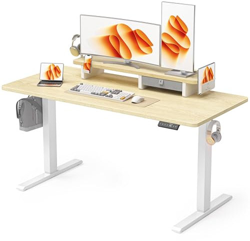 WALKINGDESK Höhenverstellbarer Schreibtisch Elektrisch mit Schubladen, 140 x 60 cm Stehpult mit Monitorständer und Handyhalter, Tisch Höhenverstellbar für Home Office Büro, 3 Haken, Eiche
