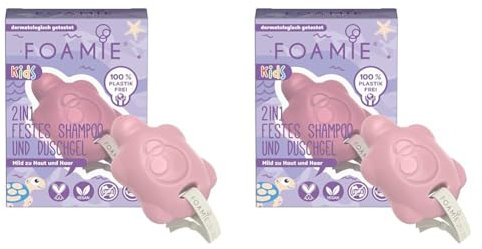 Foamie 2in1 Festes Shampoo & Duschgel Kinder, Shampoo Mädchen mit Bio-Mandelöl und Pfirsich für bessere Kämmbarkeit, Mild zu Haut und Haar, 100% Vegan, Plastikfrei, 80g (Packung mit 2)