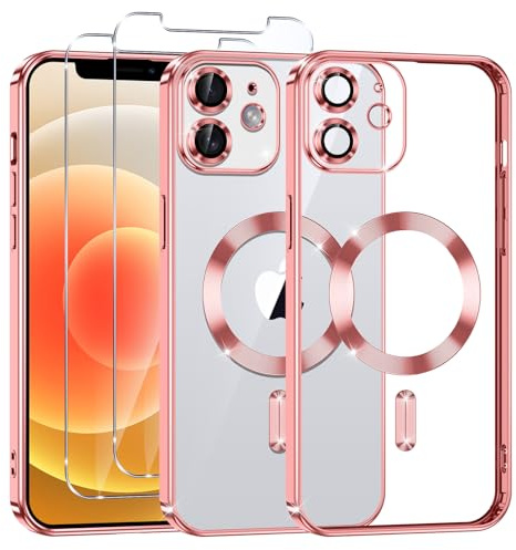 Phoona Cover Placcatura per iPhone 12 6,1 Pollici, Obiettivo per Fotocamera Protezione Completa e 2 × vetro temperato, Compatibile con MagSafe Ricarica Wireless, Protezione Militare, Rosa