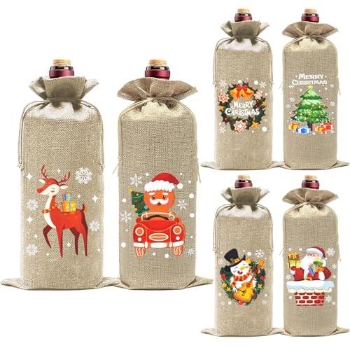 AYNKH 6 Pcs Christmas Wine Bottle Cover Bags, with Drawstring, Santa Snowman Deer Pattern 6 styles, Reusable, for Christmas Home Dinner Party Decoration, for Winter Holiday Party Supplies