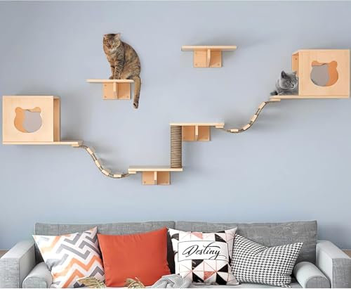 Hanured® Kletterwand Katzen, Katzen Kletterwand Set aus Kiefernholz, mit 2 Katzenhaus, 4 Katzen Sitzstangen 1 Kratzbaum, Wandpark für Hauskatze zum Klettern & Entspannen