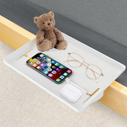 Bedside Shelf for Bunk Bed & Top Bunk Clip-On Nightstand Tray Organizer with Cable Hole, Space Saving Bedside Storage for College Dorm Room, Premium Bedside Table (White)