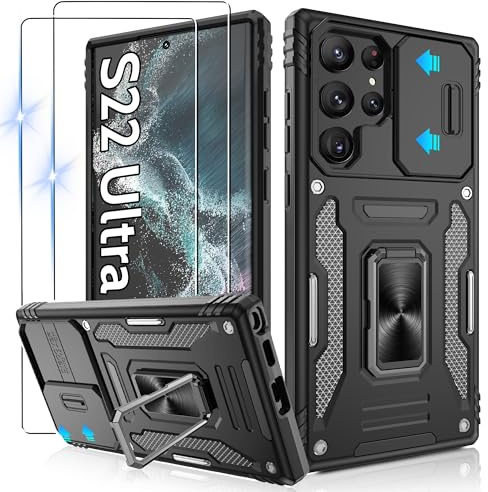 Gritup für Samsung Galaxy S22 Ultra Hülle mit verschiebbarem Kameradeckel | 2-Pack HD Bildschirmschutzfolien | 360° drehbarer Metall-Ständer | MIL-STD-zertifizierter Stoßschutz | Schwarz