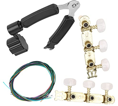 3-in-1 Guitar Tool Set Black Instrument Accessory with Gold Plated Machine Heads, Cut Strings, Roll Buttons, Pick Nails for Repairing, Bright Tone for Classical Guitars