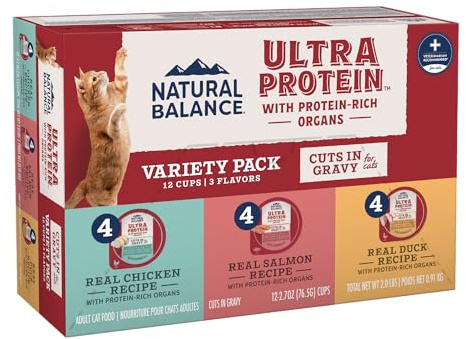 Natural Balance Ultra Protein Wet Cat Food Cuts in Gravy, Variety Pack with Protein-Rich Organs for Cats, Organ Cat Food with High Protein - 2.7oz. Case of 12
